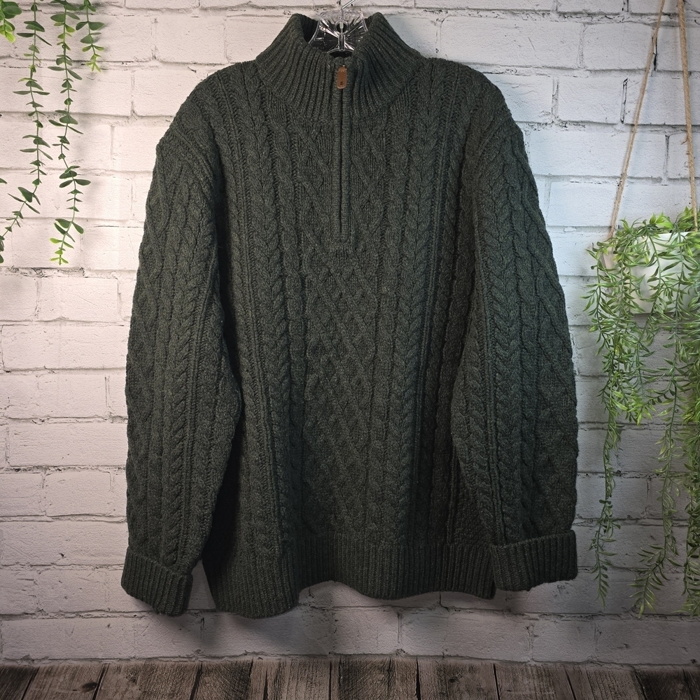 JOSEPH TURNER MENS 1/4 ZIP MOCK NECK FISHERMAN KNIT LAMBSWOOL GREEN SWEATER XL